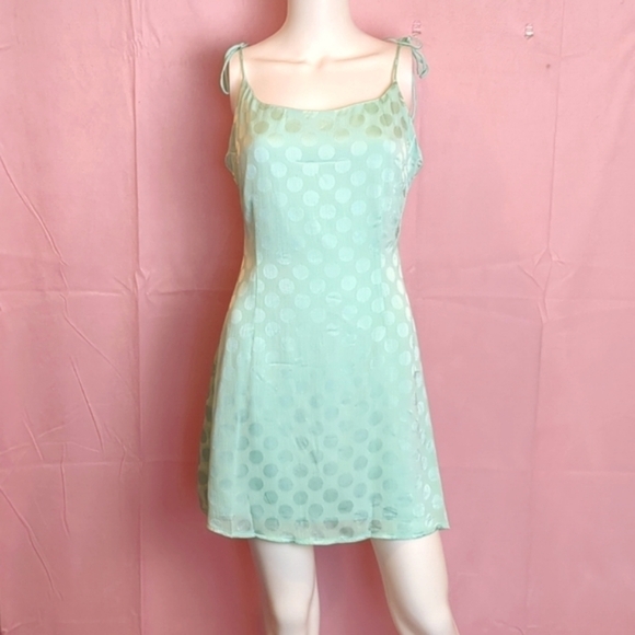 Nasty Gal Jacquard to Forget Dotted Pattern Satin Tie Straps Mini Dress Mint 0 - Picture 1 of 7